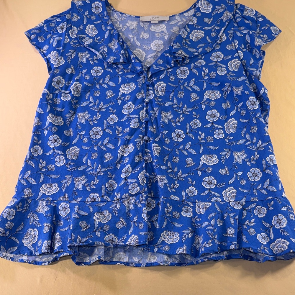 Loft women’s blouse size, large V-neck with ruffles button down front - Picture 1 of 9